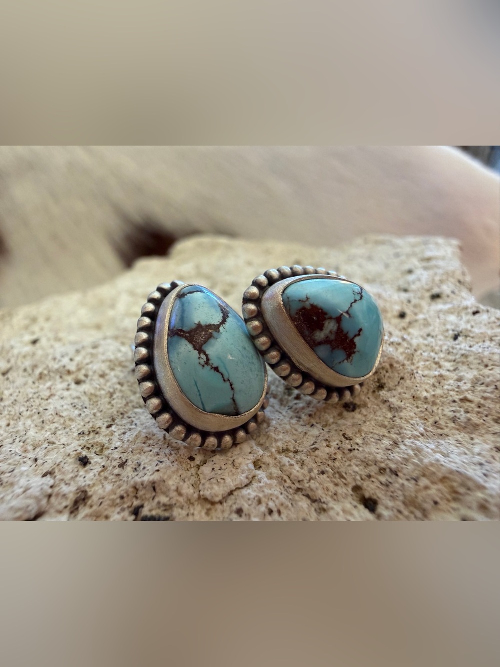 ❤️ Golden Hills Turquoise Teardrop Matte Sterling Silver Stud Earrings .57”L - Picture 8 of 12